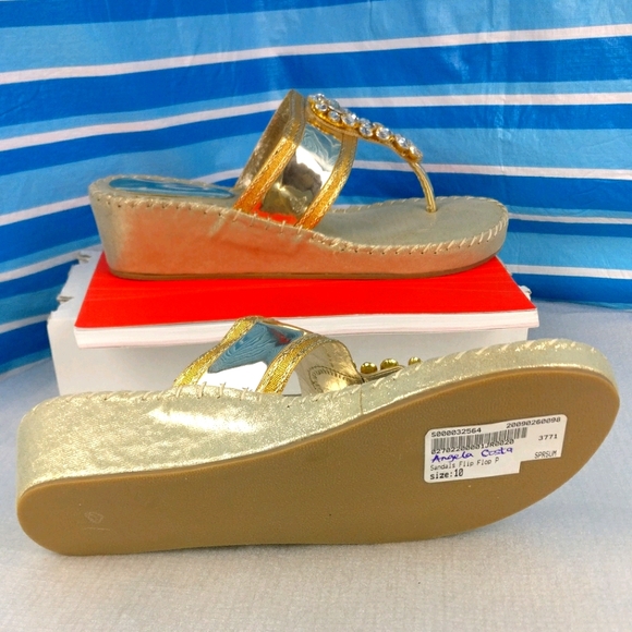 Sparkling Dazzling Champagne Gold Wedge Sandal Slides decorated 10 Low … - Picture 3 of 6